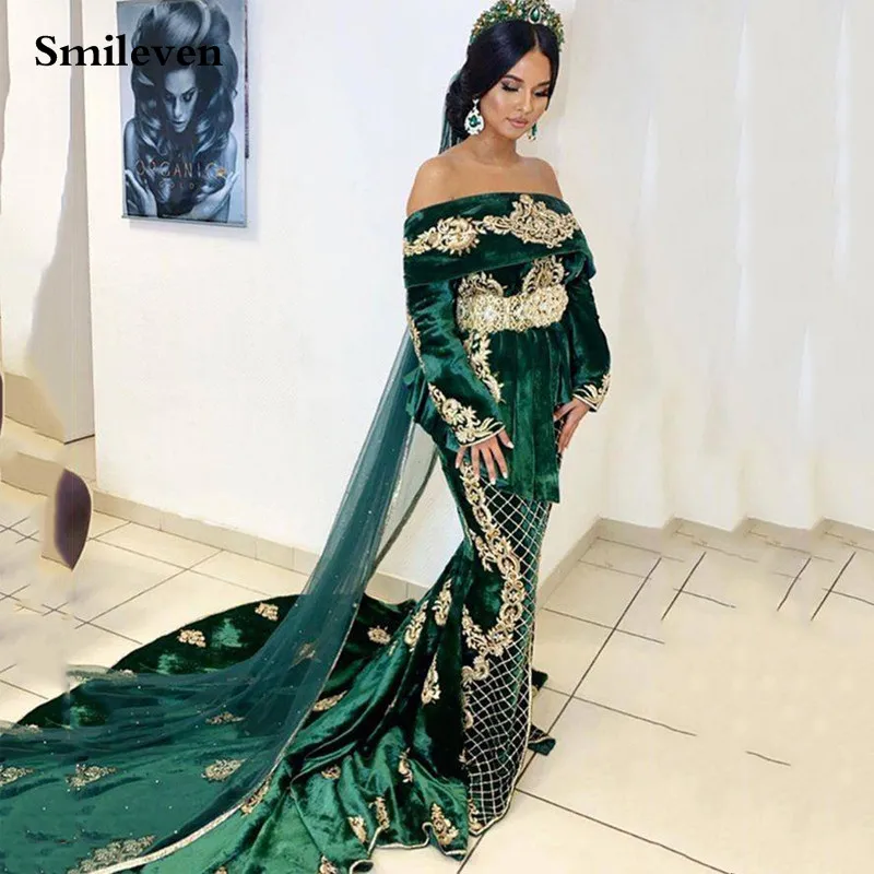 Женское бархатное вечернее платье Smileven Caftan темно-зеленое платье-Русалка для