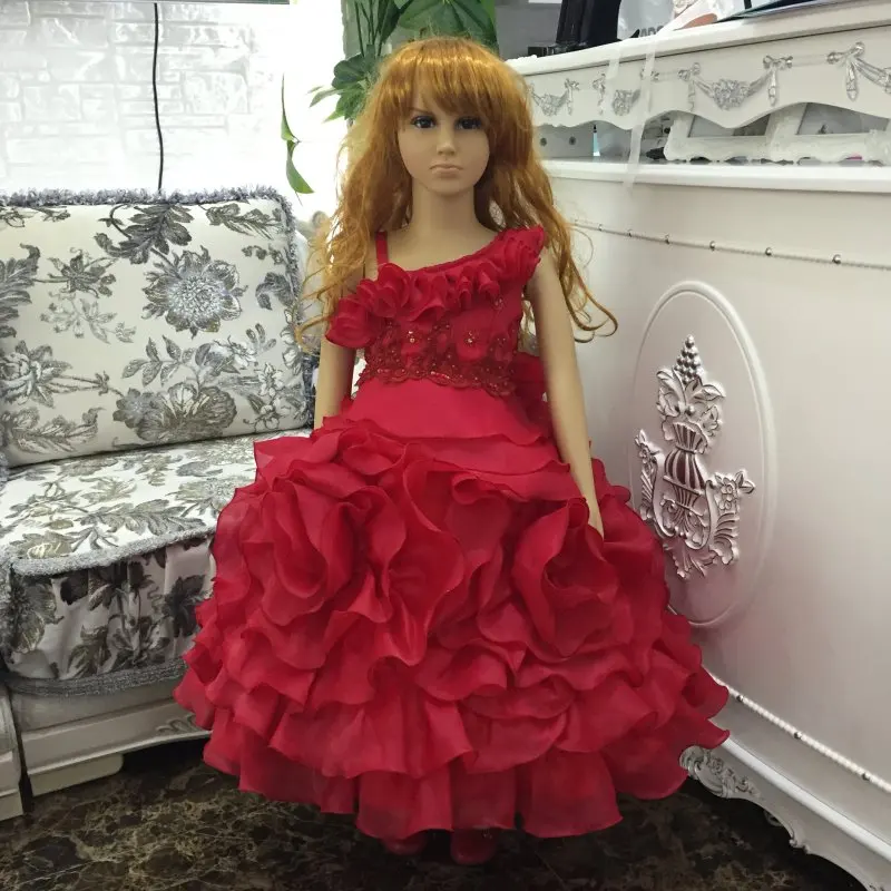 

Free Shipping One Shoulder Girl Party Dress 2021 New Design Kids Evening Gowns Red Children Dresses With Bustle Organza Ruffles