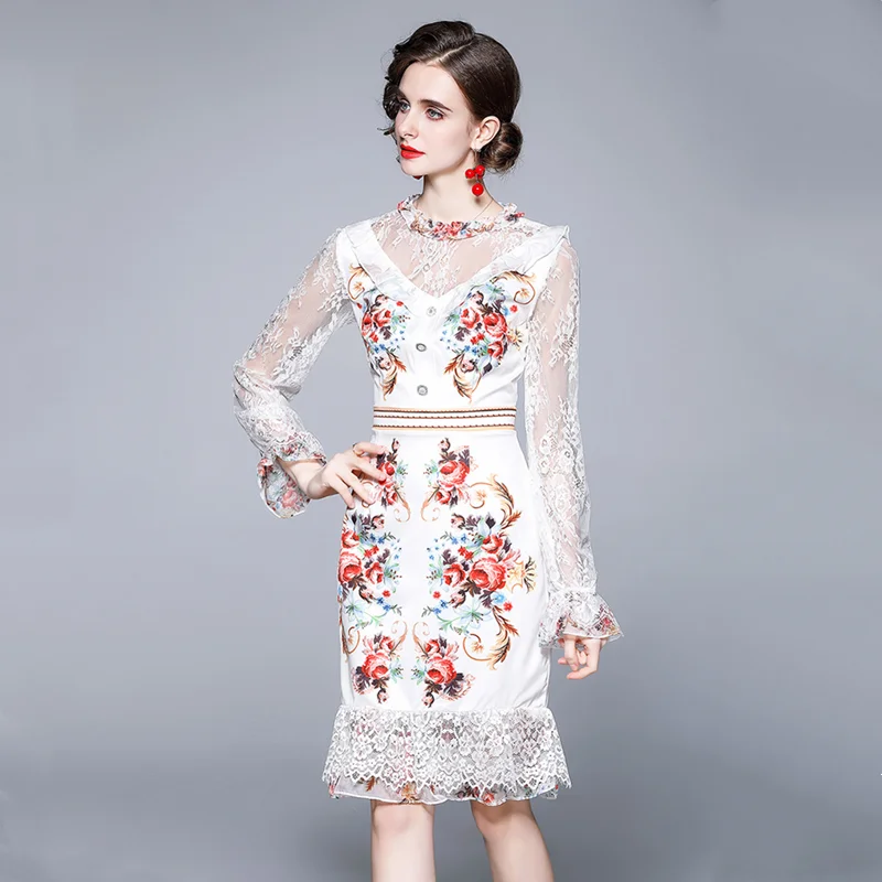 

2021 new women's dress mesh chiffon stitching positioning flower lady temperament European and American style long skirt