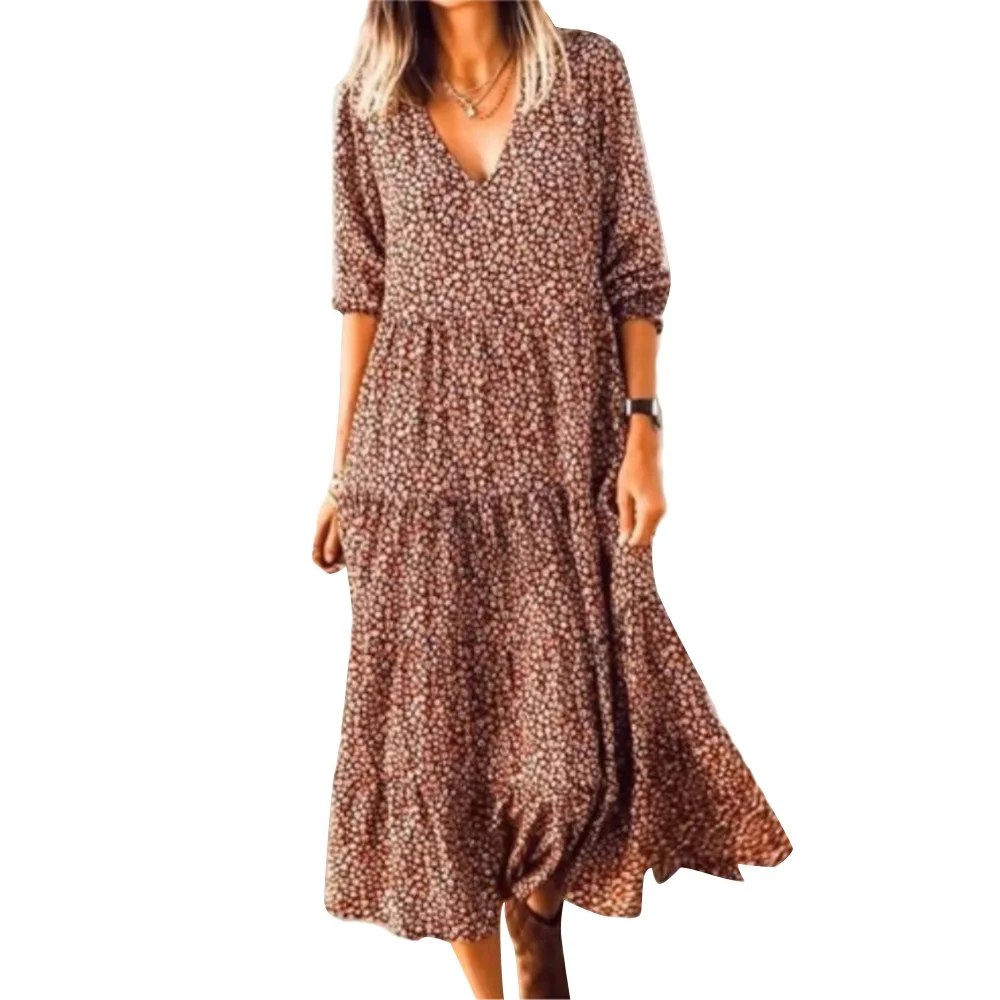 

Платье женское длинное с цветочным принтом, повседневное пляжное макси-платье с длинным рукавом, V-образным вырезом, свободное праздничное ...