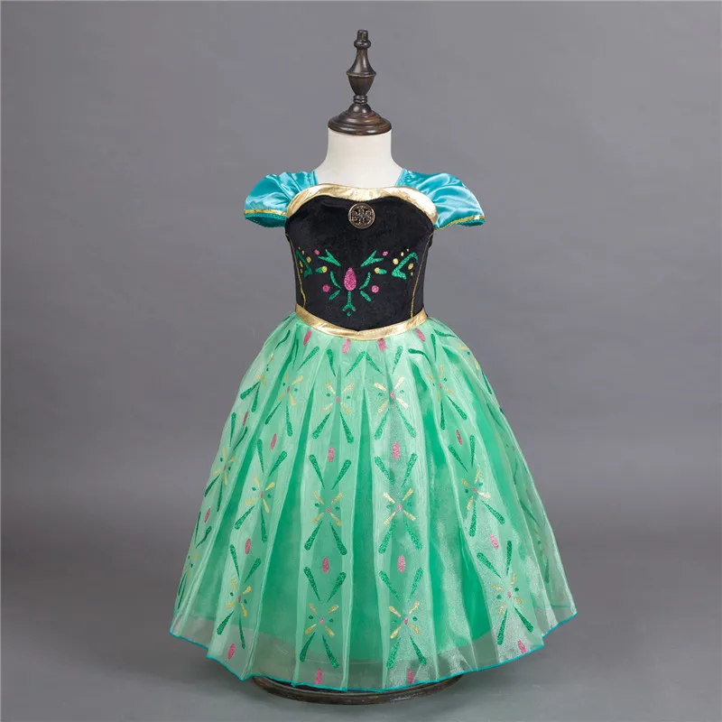 3-8Y Girls Christmas Dress Anna Elsa Princess Costume Green Fashion Print Pattern Kids Halloween Snow Queen Long Tail Gown | Детская