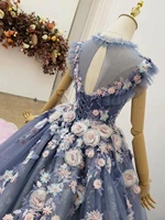 High quality new romantic 3D rose flowers pearls o neck sleeveless crimp net lace blue wedding gowns