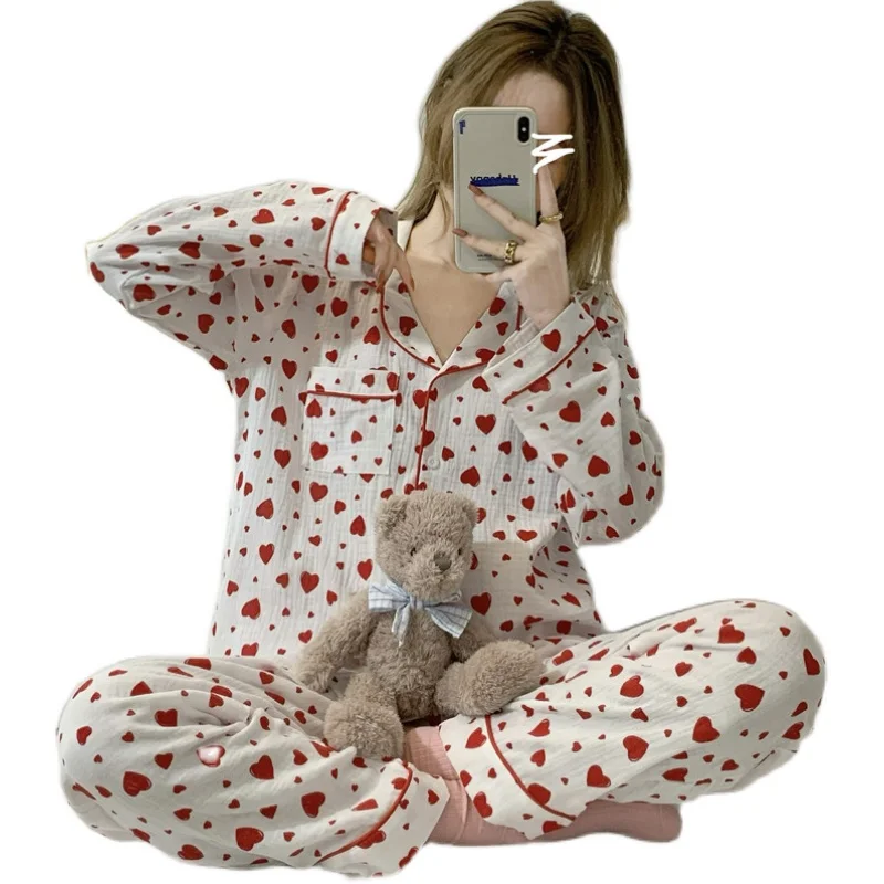 

Spring New Ladies Pajamas Set Kawaii Heart Printed Crepe Double-Layer Gauze Turn-Down Collar Long Sleeve Top Underwear Women Set