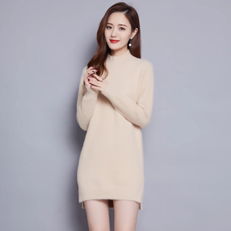 

Female Long Imitation Mink Velvet Sweater New Autumn Winter Knitt Dress Women Plus Velvet Loose Half High Neck Bottoming Shirt