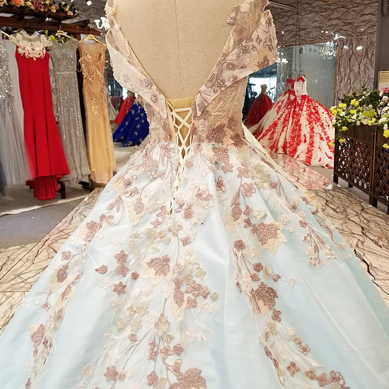 LS09778 light blue a-line cheap satin evening dress short sleeve sexy v-back with train for elegant girls fast shipping | Свадьбы и