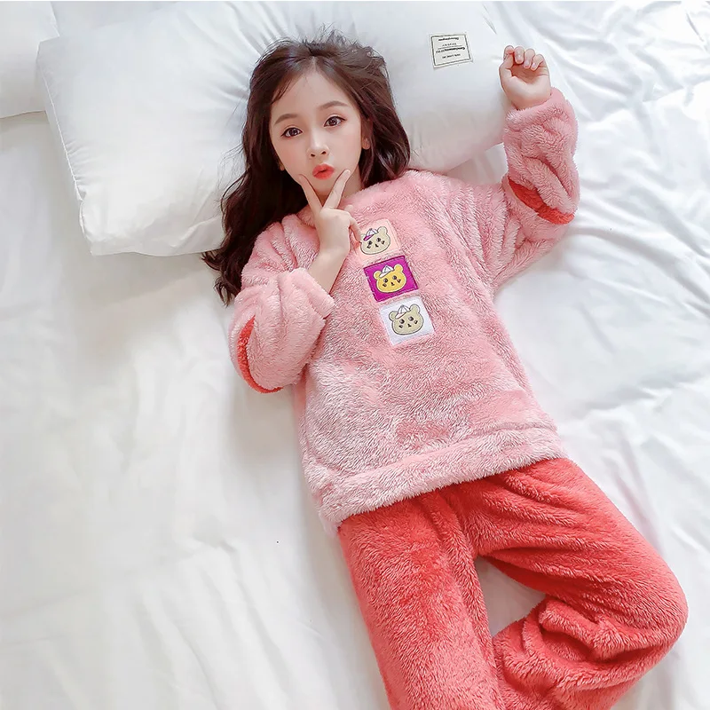 

New Winter Warm Pajamas for Girls Cartoon O-neck Flannel Long Sleeve Sleepwear Autumn Children Princess Homewear Clothes Set