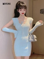 vestido feminino slim solid sexy v neck short sleeve blue dress women mini bandage waist knitting sweet temperament sweater