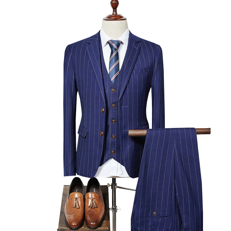 

suit qiu dong han edition business casual dress stripes men wash and wear a suit of cultivate morality three-piece suit