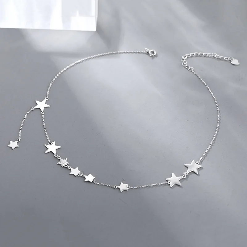 

925 Sterling Silver Charm Chain Necklace for Women Trendy Simple Stars Pendant Tassel Clavicle Chain Party Jewelry Gift dz661