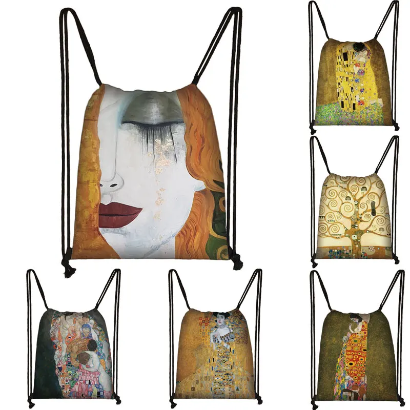 Oil Painting Tears / Kiss by Gustav Klimt Drawstring Bag Women Fashion Backpack Dustproof Travel bag Cute girls Shopping |
