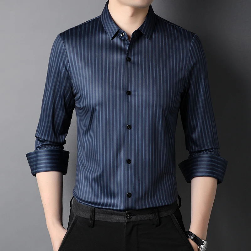 

Classic Striped Men Shirts Long Sleeve Slim Business Formal Dress Shirt Social Party Tuxedo Casual Tops Streetwear Male Clothing