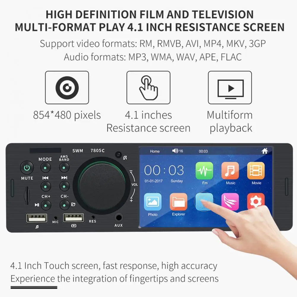 

7805 4inch HD Auto MP5 Player Dual USB Bluetooth Hands-free Reversing Video Player Display for Vehicles