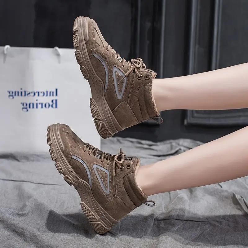 

Женские бархатные ботинки со шнуровкой, черные или цвета хаки Нескользящие ботинки на плоской подошве, Размеры 35-40, для зимы, 2022