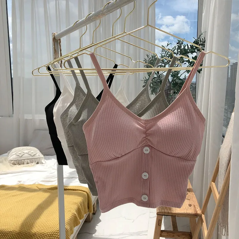 

Vest New Cotton Wild Fashion With Solid Summer Removable Camisole Button Top Women Pad V-neck Color Chest Tank Sling Wild Solid