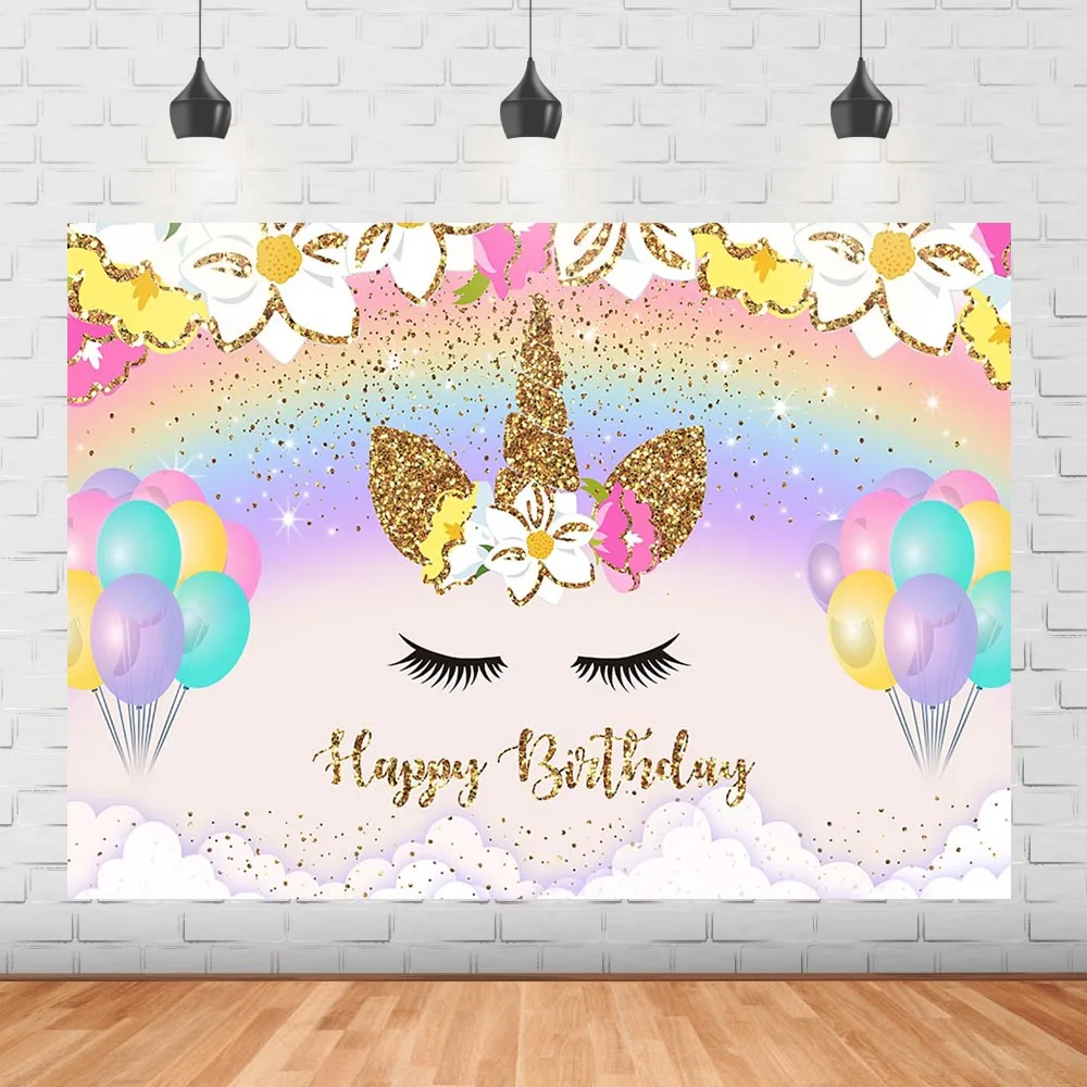 

Unicorn Birthday Background Golden Glitter Rainbow Balloon Newborn Birthday Party Banner Background Flower Decor Photo shoot