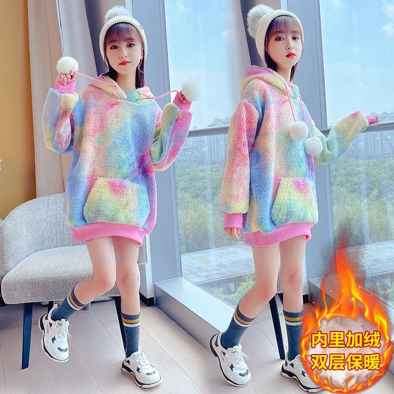 

Autumn Winter Fashion New Girls Tie Dye Hooded Pullover Tops Teenage Casual Sweatshirt Kids Color Mid-length Long Sleeve Tops