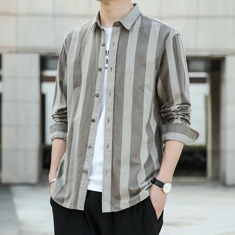 

Spring and summer men's day wide stripe men's casual long sleeve shirt lapel slim shirt