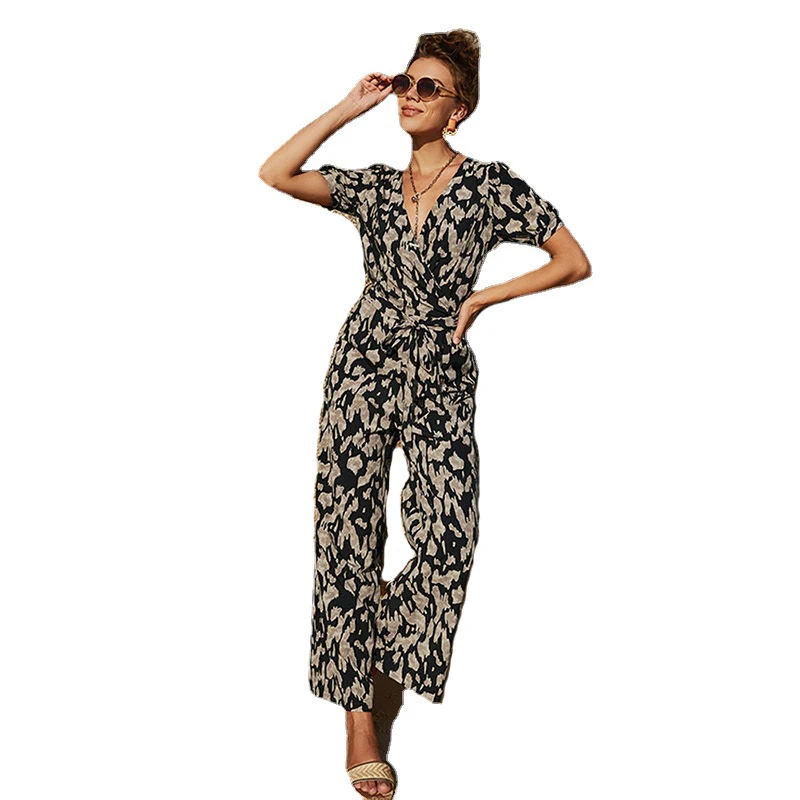 

Donsignet Spring Summer Strap Jumpsuit European and American High Waist Short Sleeve Loose Jumpsuit Print Sexy V-neck Jumpsuit