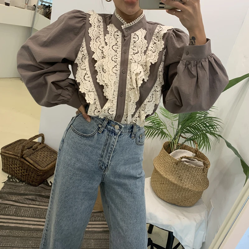 

Korean Sweet Elegant Ruffles Shirt for Ladies Chic Lace-up Hollow Out Vintage Shirt Women's Fall Fashion Shirt 2020 New Arrivals