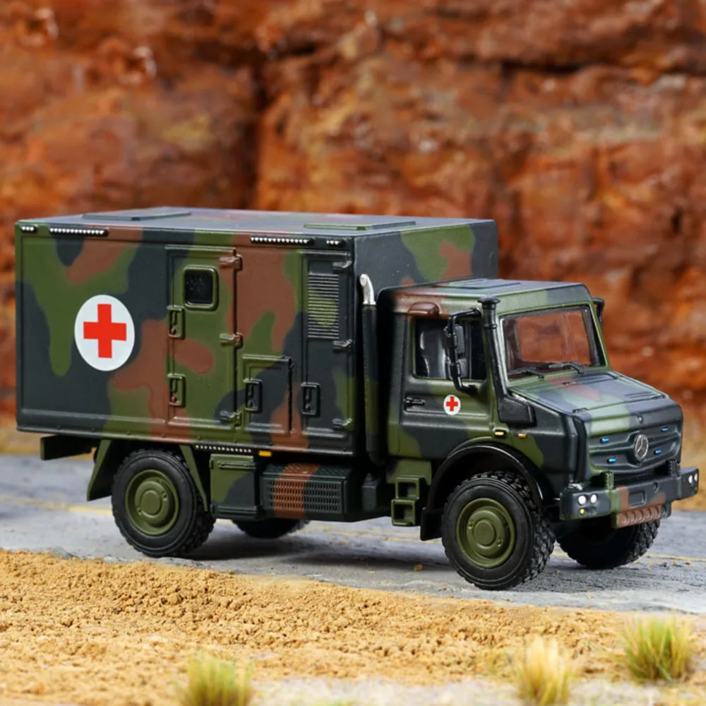 

1/64 Камуфляжный спасательный автомобиль Unimog, литой Сплав, Игрушечная модель автомобиля, изысканная работа, резиновые шины, металлический ко...