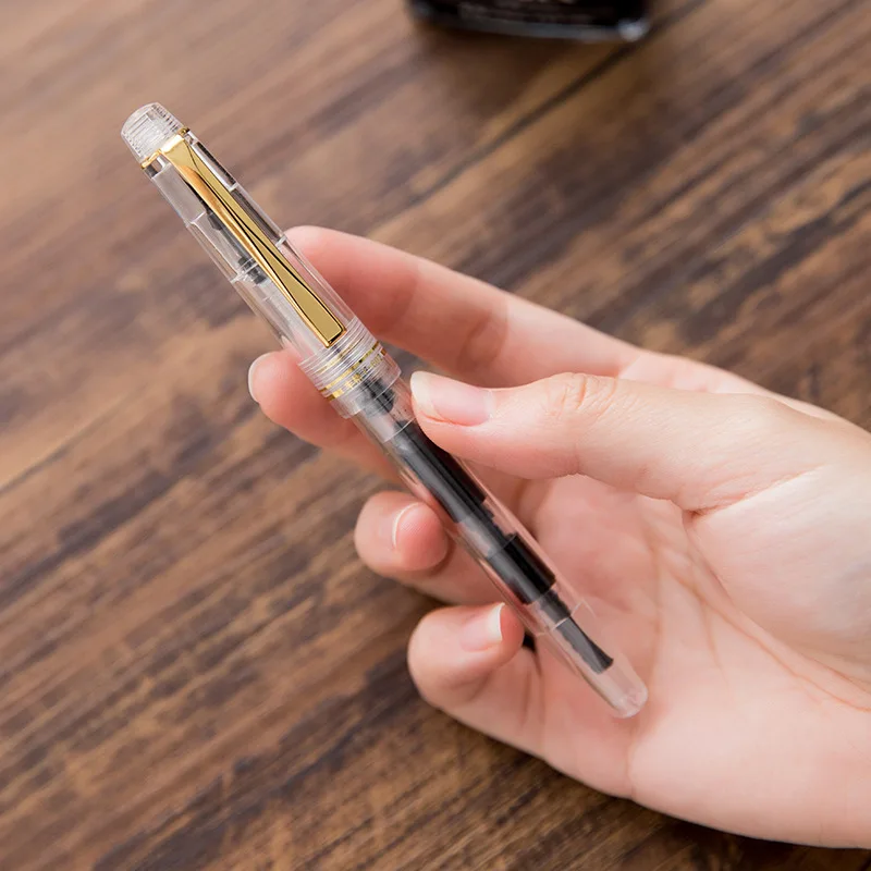 Ручка перьевая прозрачная золотистая поршневая многоразовая кисть для
