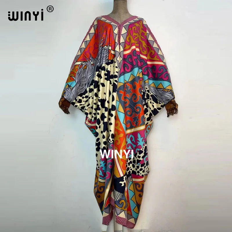 2021 Middle East Fashion Print Twill WINYI Maxi Dress African Women Abaya Robe Long Dress Beach V-neck Bohemian Dress