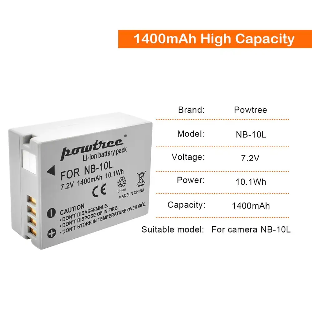 Аккумуляторная батарея Powtree для Canon NB-10L NB 10L + зарядное устройство USB LCD PowerShot G15 G16 SX40