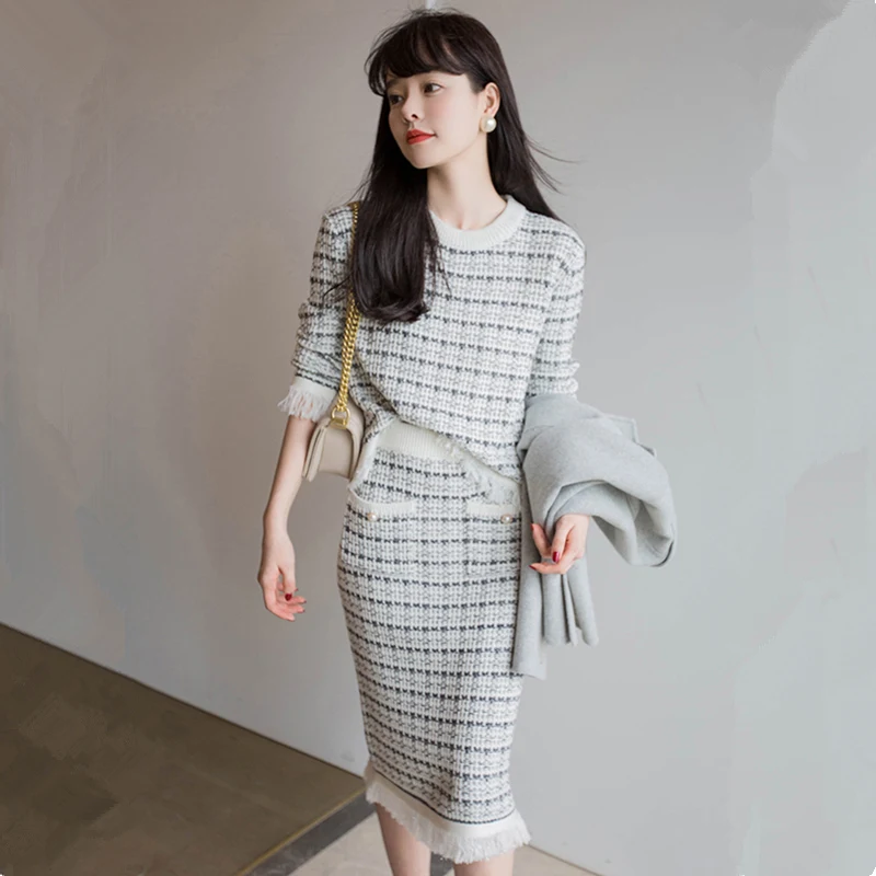 

New Overszie Women Sweater 2 Piece Sets Elegnat Knitted Suits Female Knitting Sweaters Vintage Womens Skirts High Waist Autumn