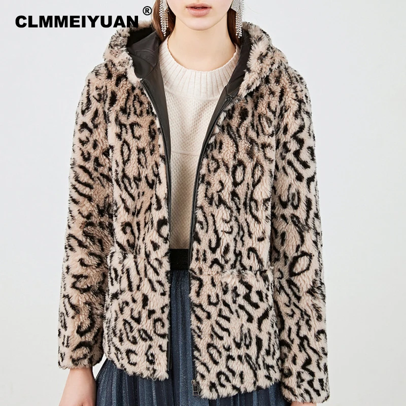 Леопардовое пальто с капюшоном и плюшевым мишкой для женщин 2019 Зимняя Толстая