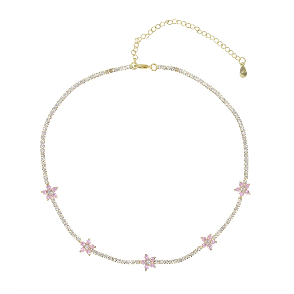 pink necklace Новое поступление, элегантная тонкая цепочка для тенниса с фианитами, пастельный цветной цветок маргаритки, очаровательный женский браслет, ожерелье, ювелирный набор - Окраска металла: pink necklace