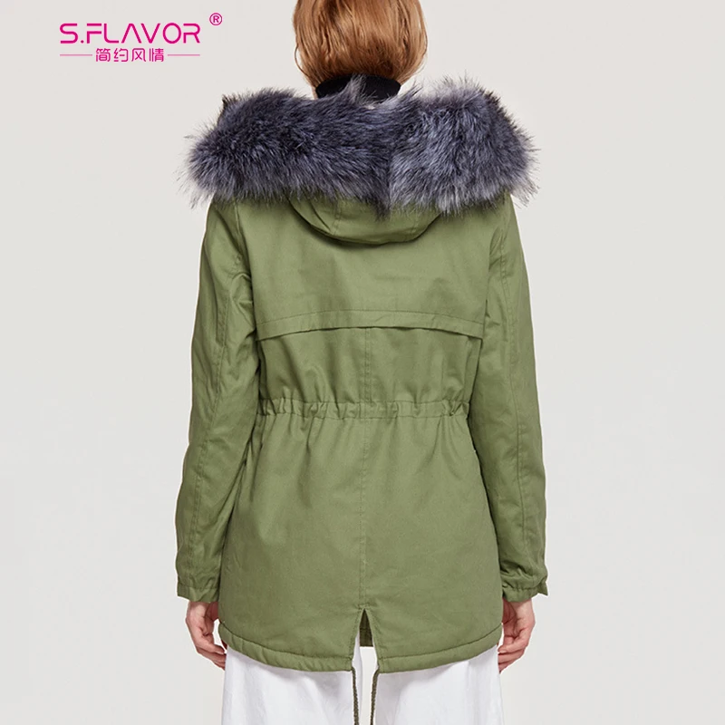 S. FLAVOR женское осеннее зимнее повседневное теплое пальто с меховым капюшоном