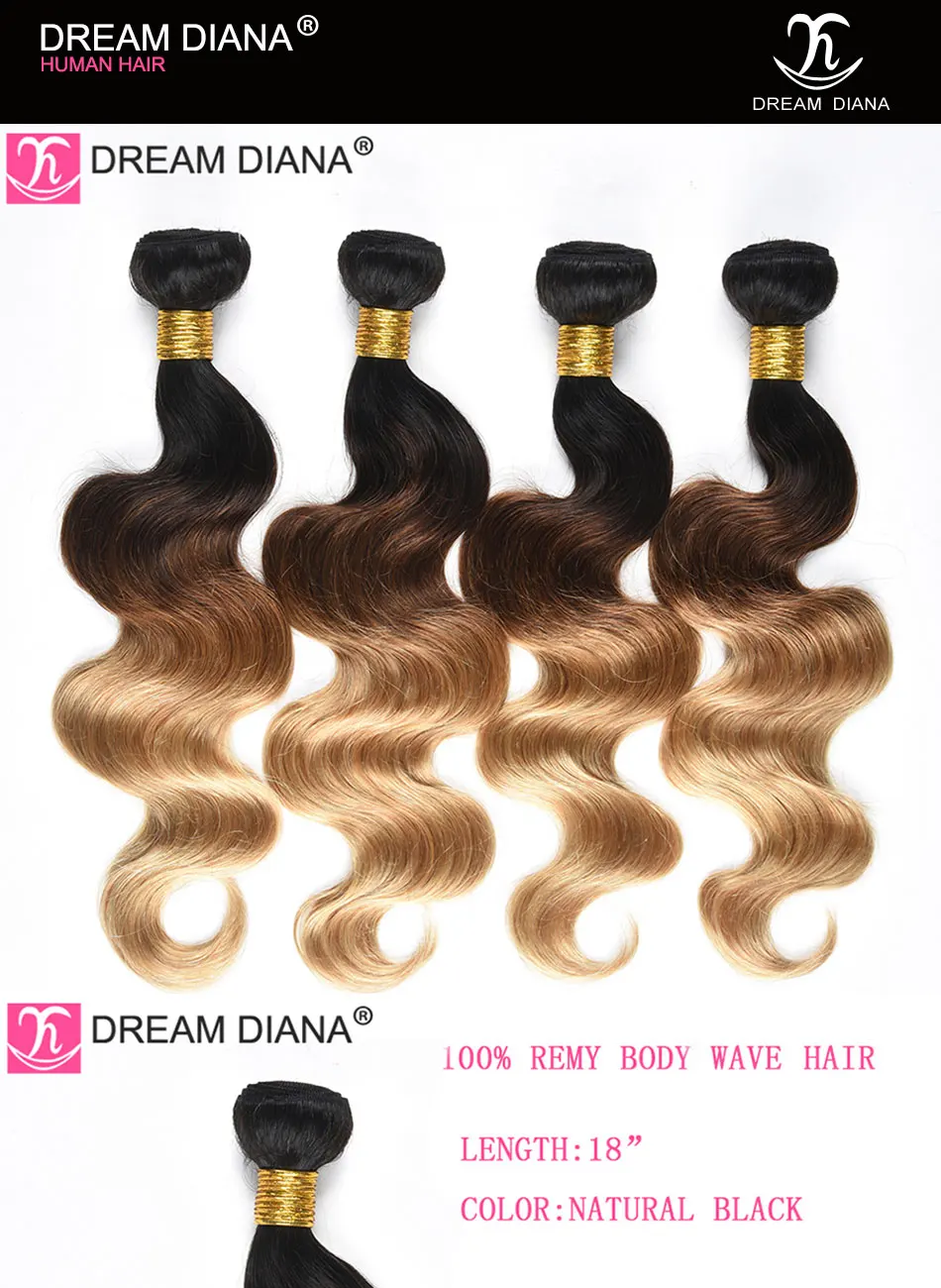 DreamDiana три тона Бразильская волна тела 3 пучка 1B 4 27 1"-26" L Омбре Remy Weave предварительно цветные человеческие волосы для наращивания