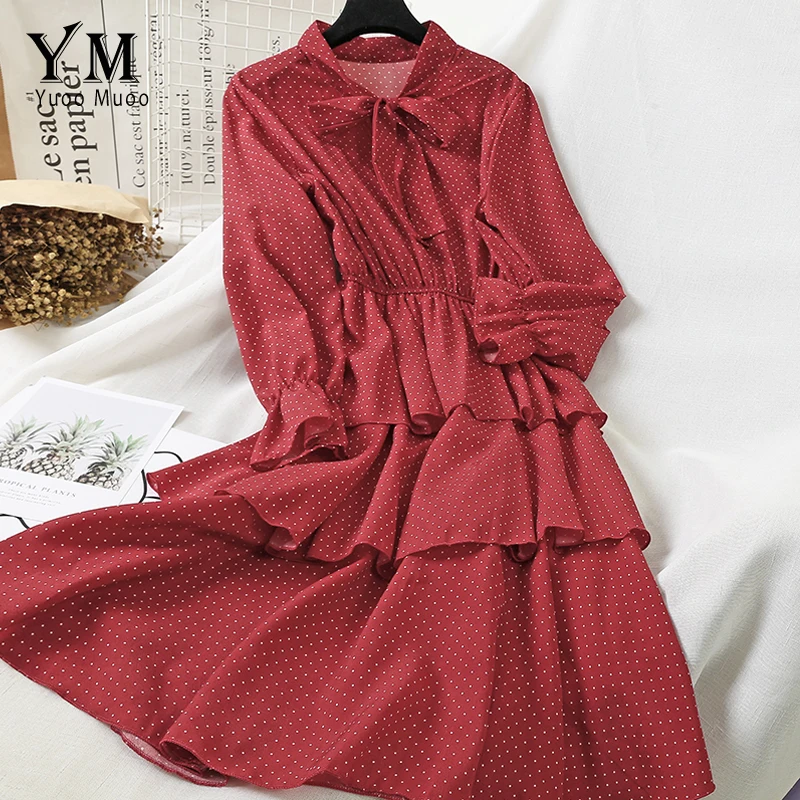 YuooMuoo Винтаж бант повязка в горошек шифоновое платье 2019 Новое осеннее Для женщин