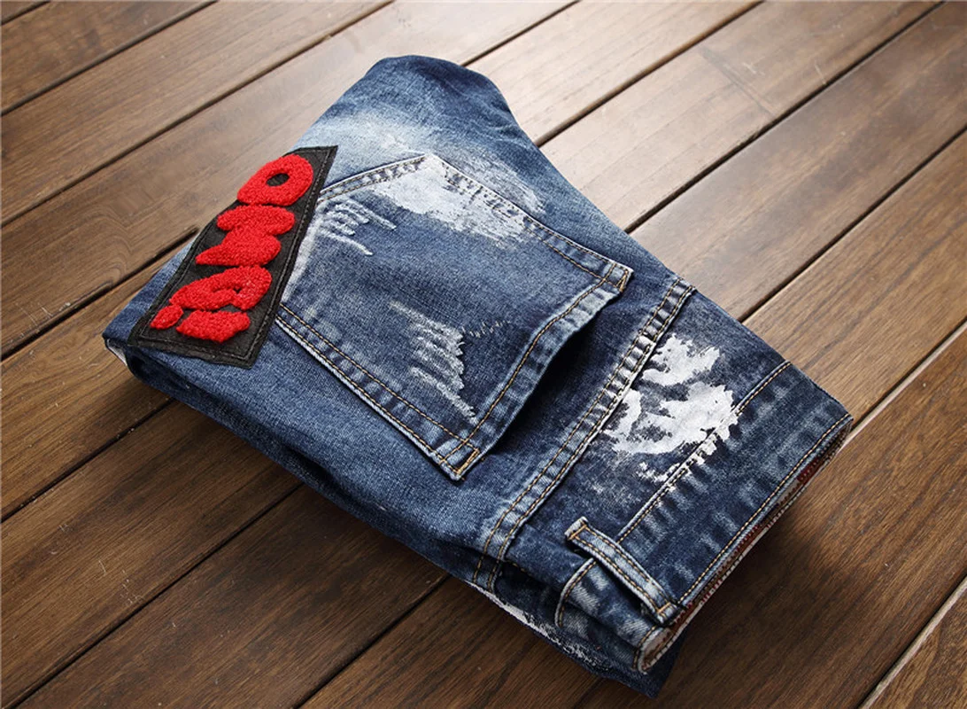 

Autumn Casual Men's Graffiti Jeans Pants Blue Slim Harajuku Teenager Micro Elastic Print Fashion Personality Trousers