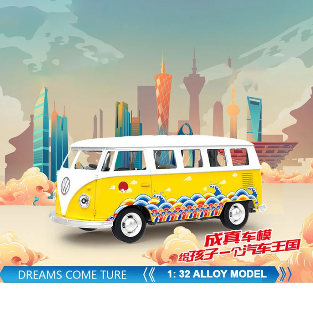 Modelo de autob&uacute;s Volkswagen T1, juguete de aleaci&oacute;n fundido a presi&oacute;n, estilo chino, con luz, 3 puertas, veh&iacute;culo Opend, juguetes para ni&ntilde;os, 1/30-2