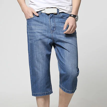 light blue3317 Повседневные джинсовые шорты мужские до колена прямые однотонные синие джинсовые шорты мужские летние мягкие свободные карманы внизу размера плюс 28-44 A5334 - Цвет: light blue3317