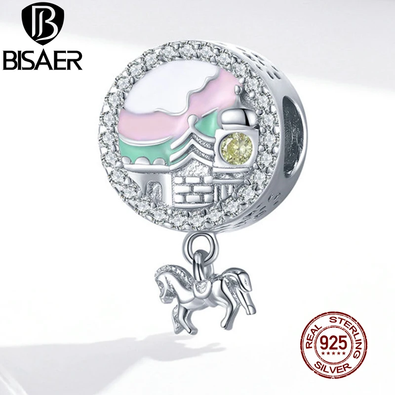 

BISAER Castle Carousel Charms 925 Sterling Silver Colorful Zircon Bead Pendant Fit Bracelets Necklace Lovely Jewelry EFC291
