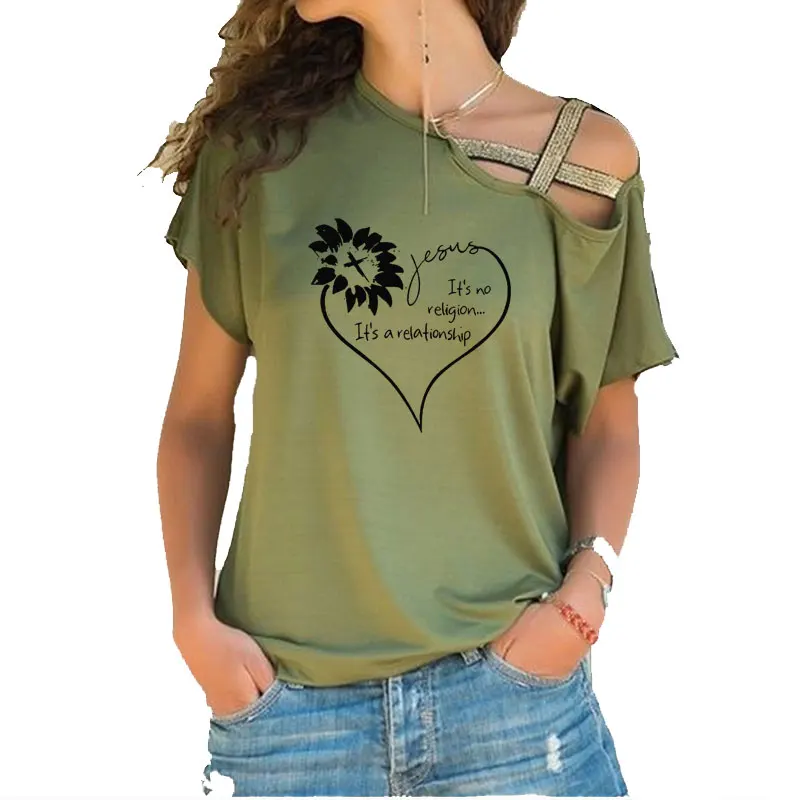 

Jesus No Religion It's A Relationship Sunflower Women Christians T-shirt Aesthetic Graphic Irregular Skew Cross Bandage tops
