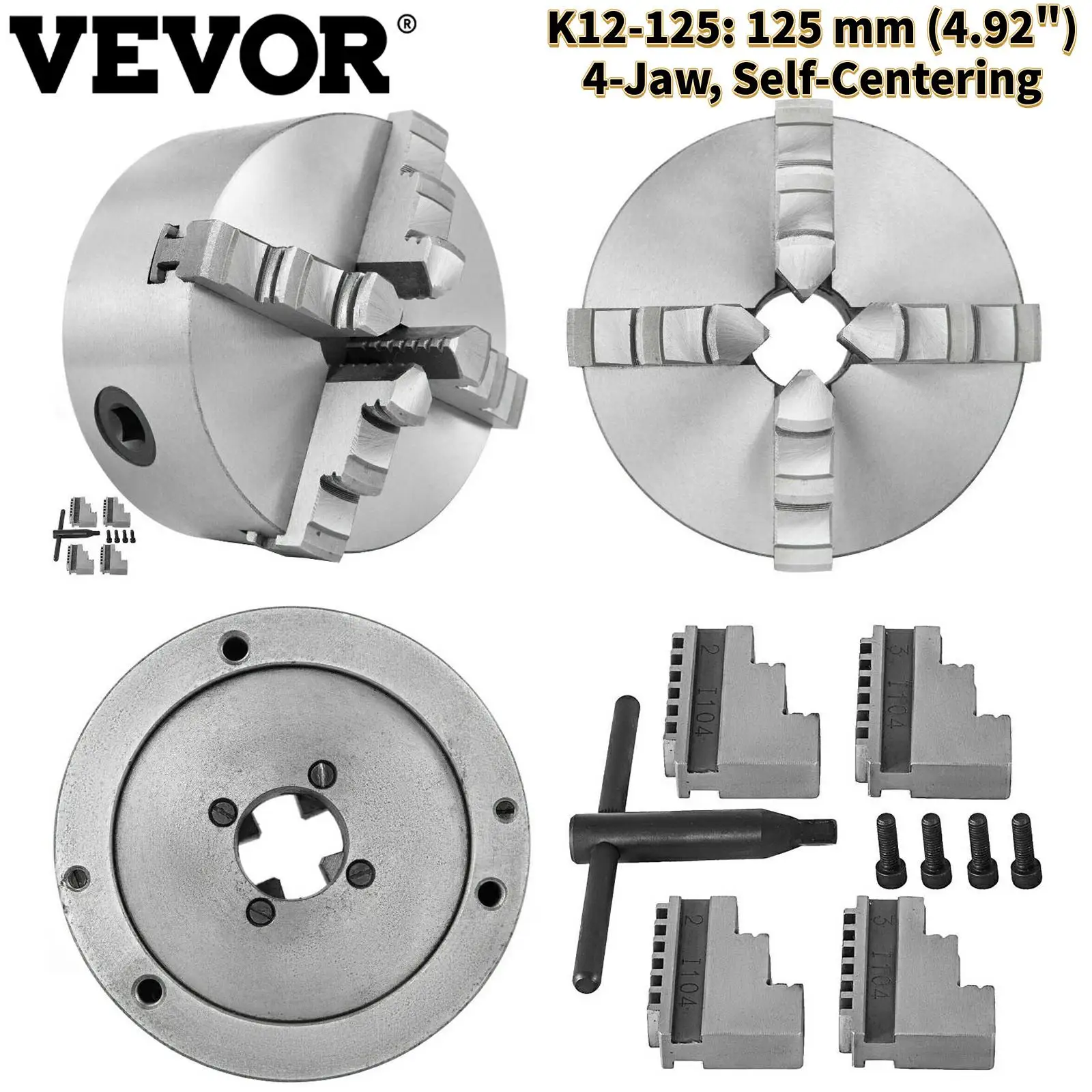 

VEVOR K12-125 4-кулачковый токарный патрон с 4 шт. монтажных болтов и патронный ключ, Самоцентрирующийся ручной 4,92 дюйма для шлифовального фрезерн...