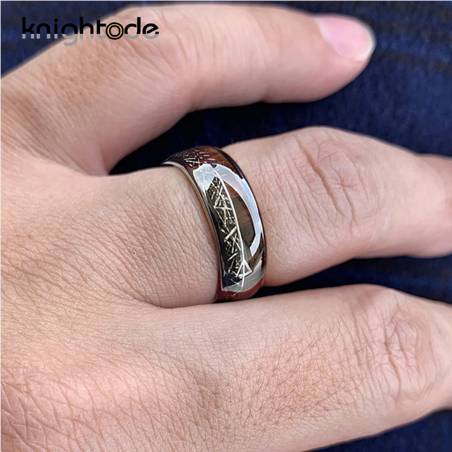 Black Meteorite/Koa Wood Unique Texture Inlay Black Tungsten Carbide Ring For 8mm Men Women Wedding Slivery Arrow Dome Polished