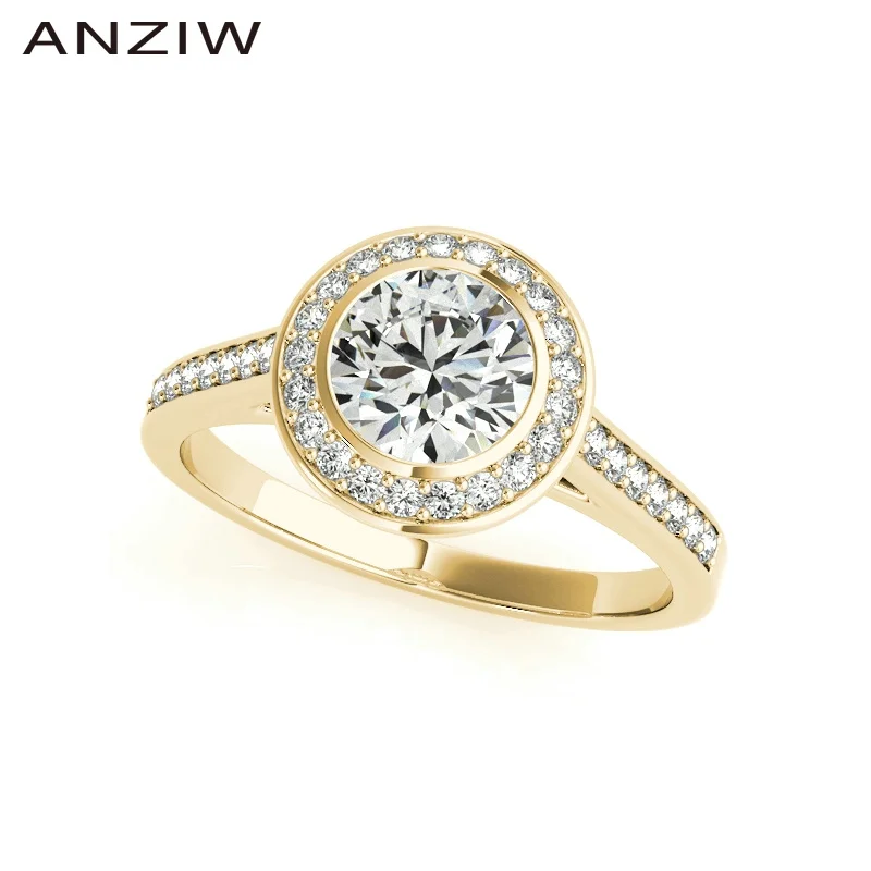 

ANZIW класса люкс 925 стерлингового серебра Свадебное обручальное кольцо Halo 1CT круглой огранки серебряное кольцо из желтого золота с Цвет Lover ве...