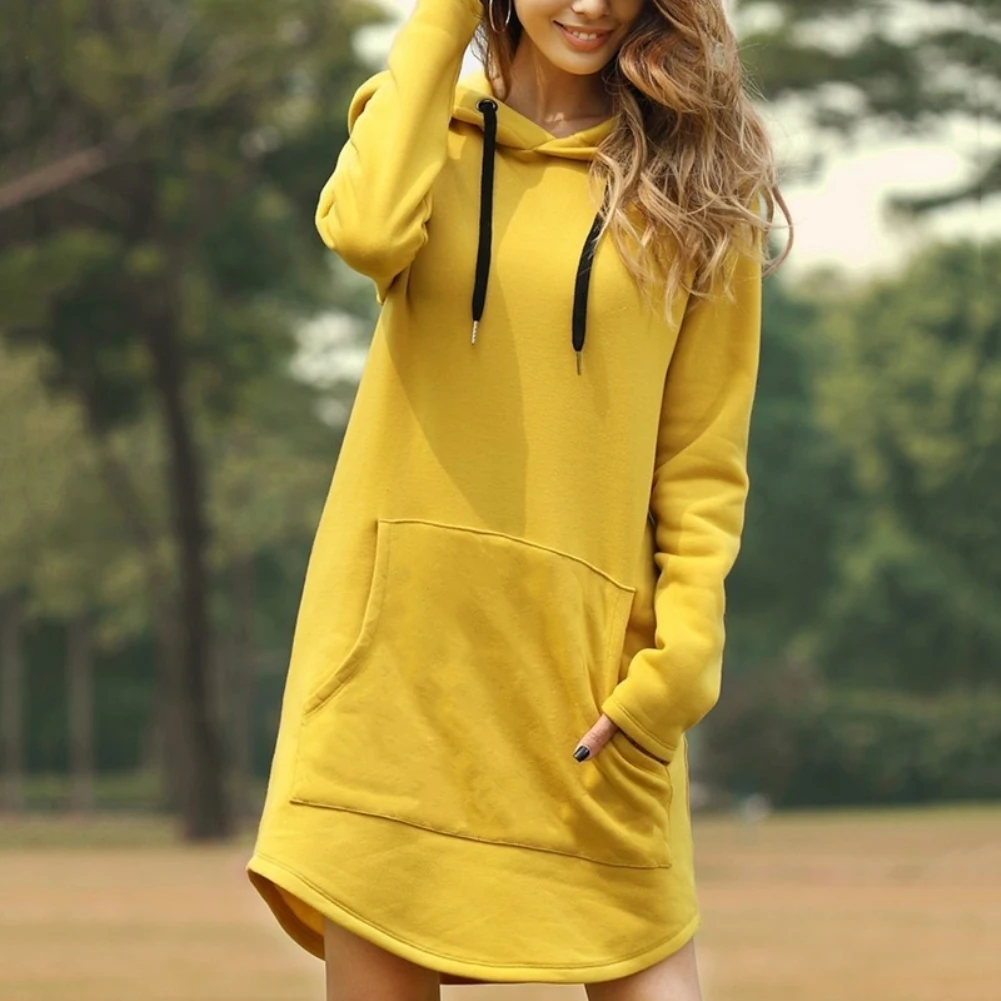 

Casual Women Autumn Winter Long Sleeve Pocket Drawstring Loose Hoodie Mini Dress Warm Hoodies Pullover