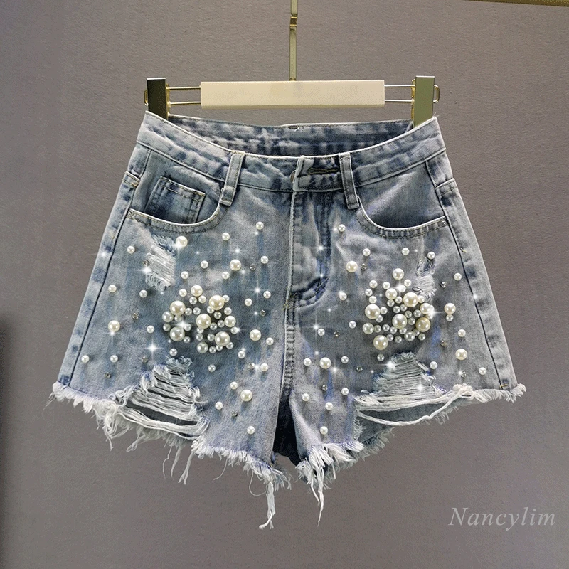 

Denim Shorts Women's 2021 Summer New High Waist Slimming Heavy Industry Beads Ripped Wide-Legged Hot Pants Jeans Nancylim