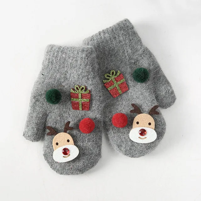D3 Dark Gray Митенки детские зимние толстые теплые вязаные перчатки с кроличьим мехом для детей от 2 до 6 лет Рождественский милый желтый утенок из мультфильма медведь перчатки из кролика D4 - Цвет: D3 Dark Gray