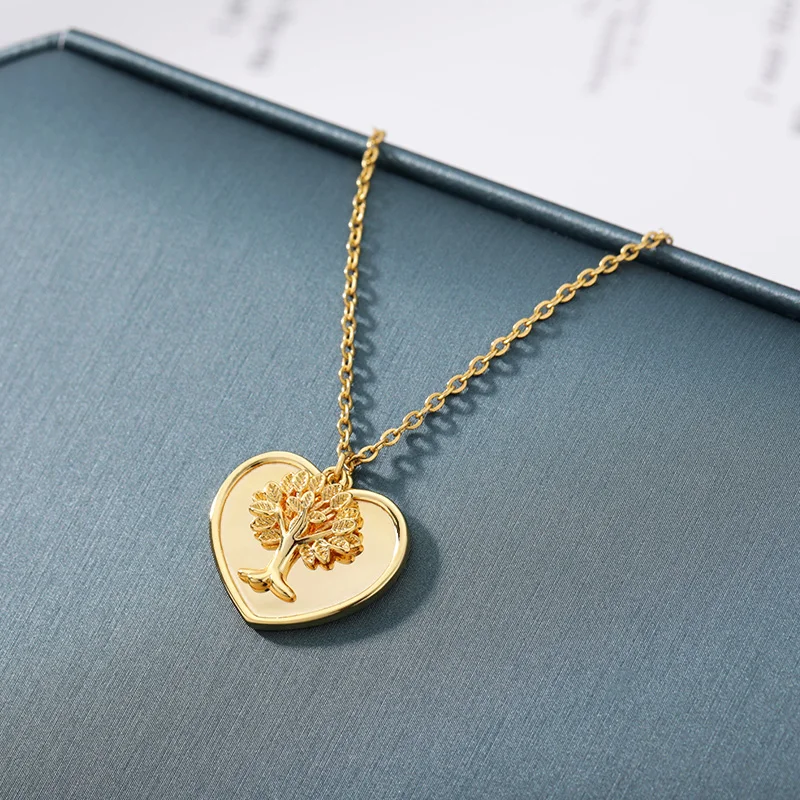 

New 2021 Gold Sliver Color Tree Of Life Pendant Necklace Stainless Steel Heart Shape Necklace Famaily Love Jewelry For Women