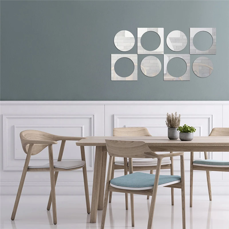 8PCS Removable Silver Square Circle Mirror Wall Stickers for Living Room Background Decor Decals Wallpaper Mural Home | Дом и сад