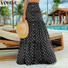 Летняя длинная юбка VONDA, Женская Повседневная плиссированная юбка на пуговицах с оборками на подоле, винтажная уличная одежда в горошек с высокой талией