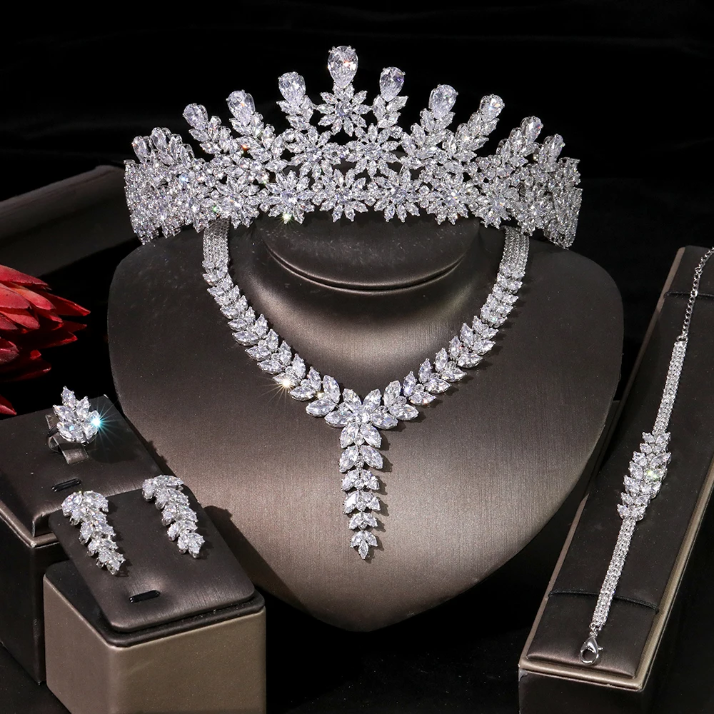Роскошный комплект свадебных украшений с хрустальной короной головной убор ожерелье серьги кольцо браслет набор из четырех предметов свад...
