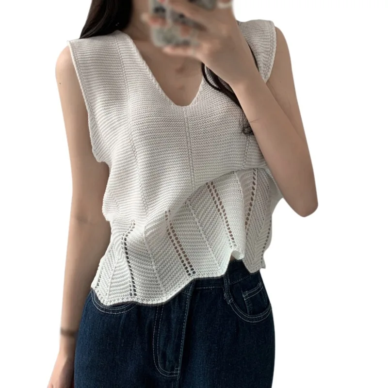 

Summer Wear Sleeveless Vest Hollow Out Irregular Hem Women V-neck Loose Knit Tank Tops .