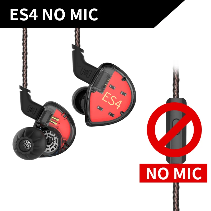 black no mic KZ ES4 1DD+ 1BA Hybrid Hifi наушники-вкладыши Динамический драйвер шумоподавление Гарнитура замена кабеля AS10 ZS10 BA10 ZST ES3 ZSN - Цвет: black no mic